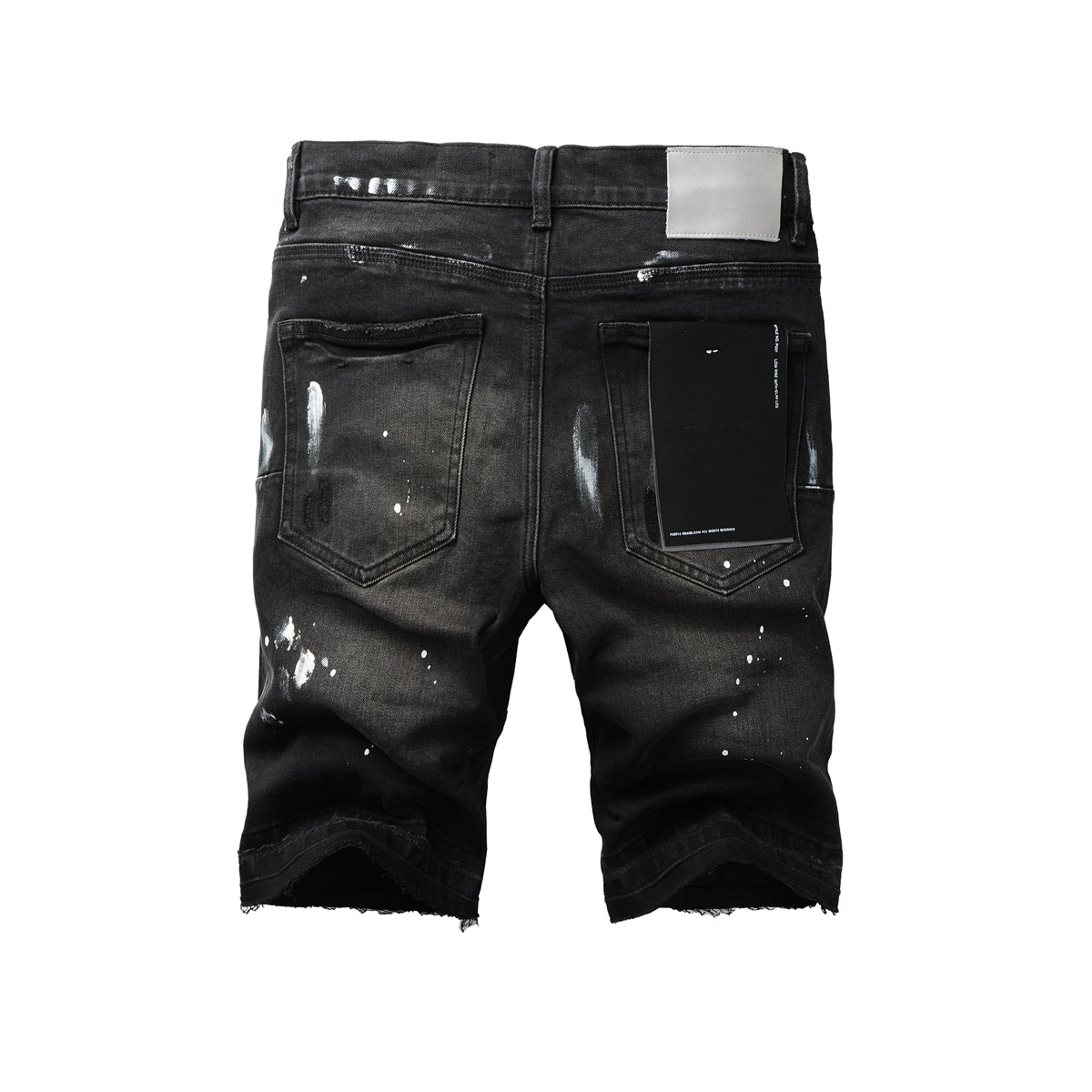 Men Streetwear Denim Shorts Black Wash with White Paint Splashes and Raw Hem 5002