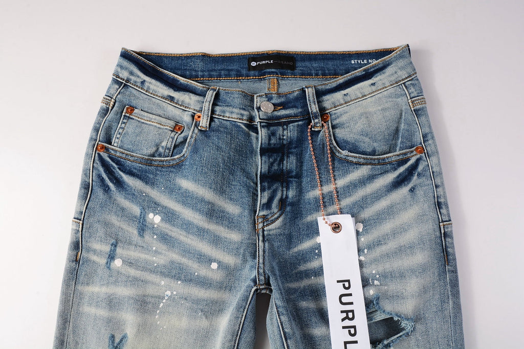 Men Streetwear Skinny Jeans Light Blue Wash with Heavy Distressed Rips and White Paint Splatter 9003