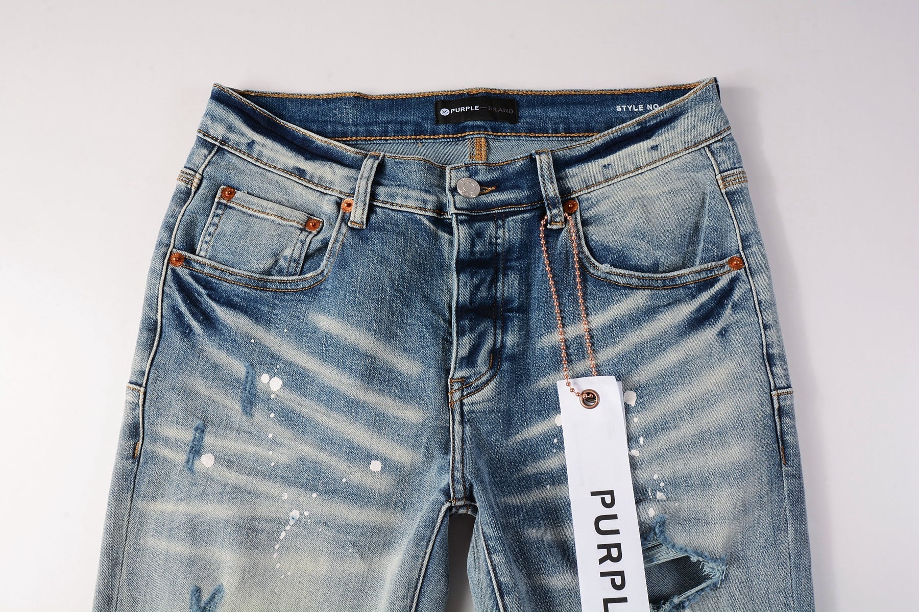 Men Streetwear Skinny Jeans Light Blue Wash with Heavy Distressed Rips and White Paint Splatter 9003