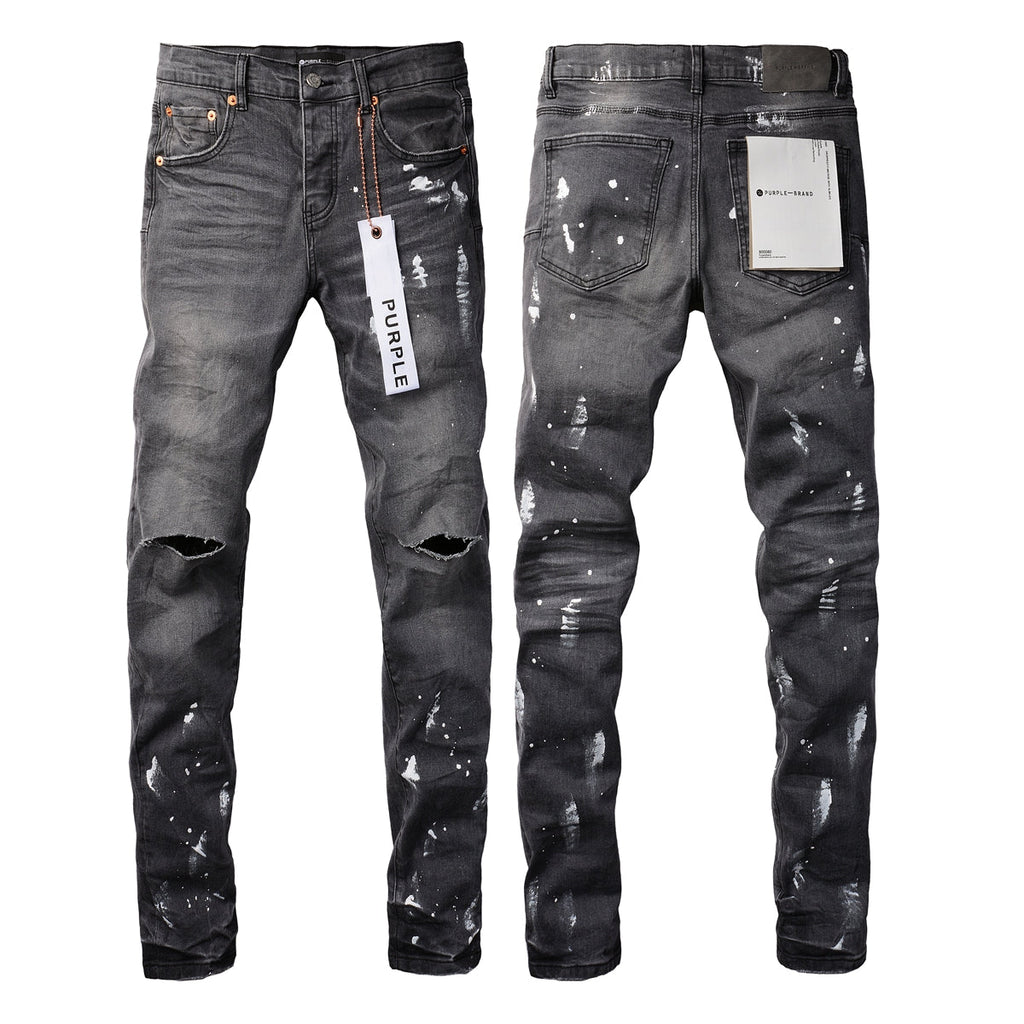 Men Streetwear Skinny Jeans Dark Gray Wash with Knee Rips and White Paint Splatter 9039