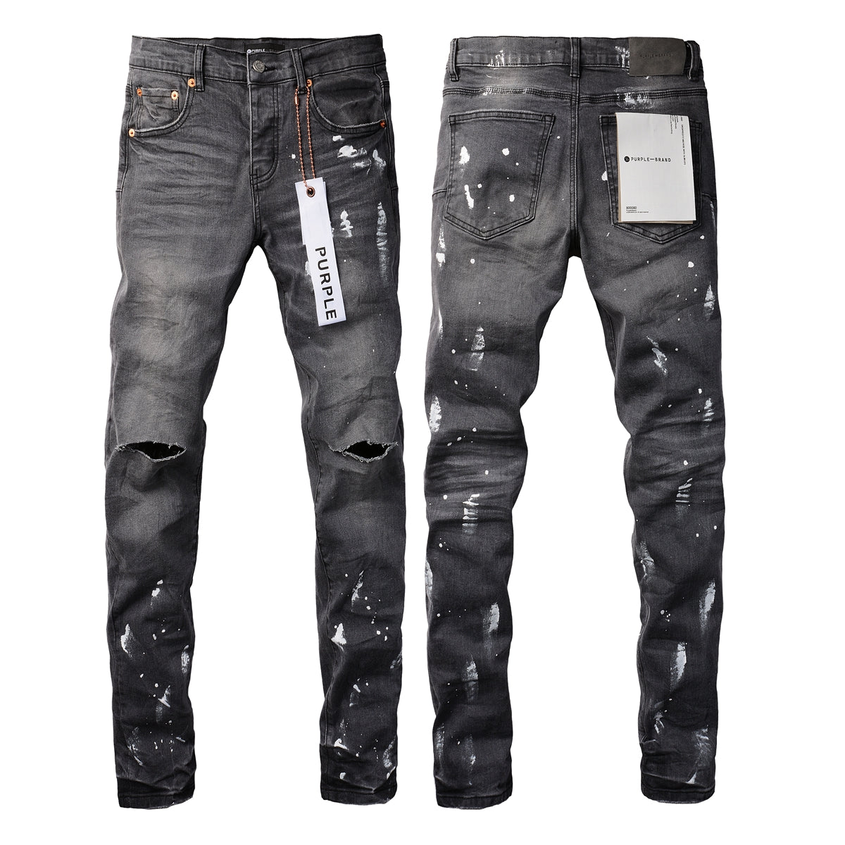 Men Streetwear Skinny Jeans Dark Gray Wash with Knee Rips and White Paint Splatter 9039