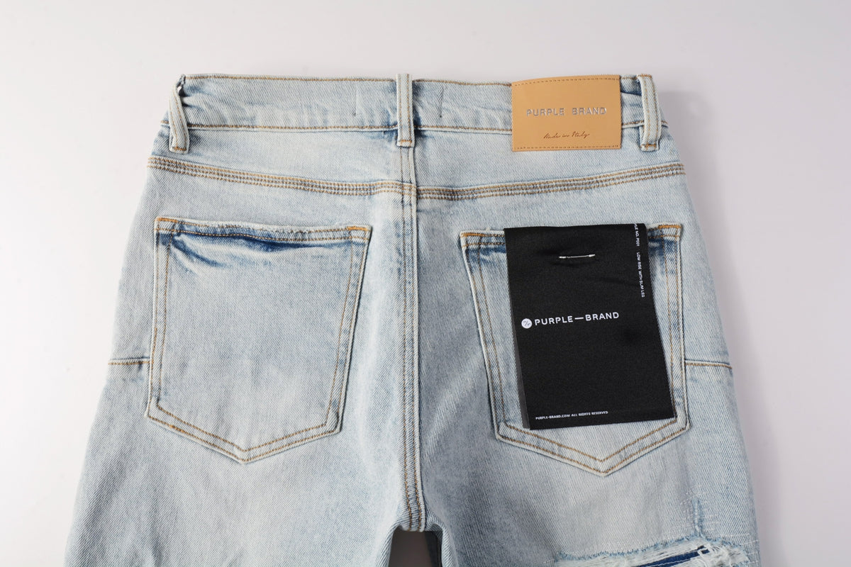 Men Streetwear Denim Shorts Light Blue Wash with Distressed Rips and Raw Hem 5088