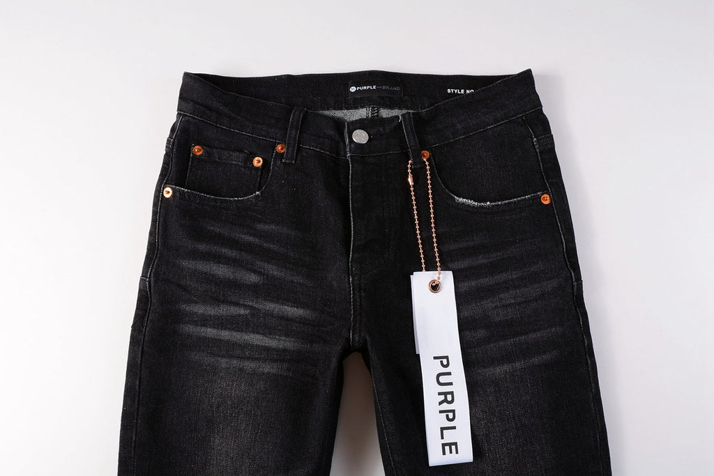 Men Streetwear Skinny Jeans Black Wash with Knee Rips and White Paint Specks 9035