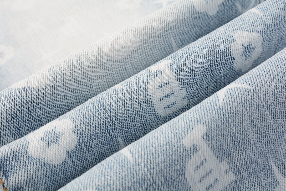 Men Streetwear Skinny Jeans Light Blue Wash with All - Over Pattern Print 9089