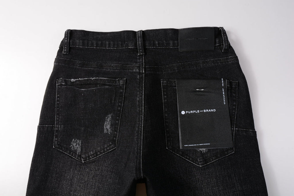 Men Streetwear Denim Shorts Black Wash with Distressed Rips and Raw Hem 5083