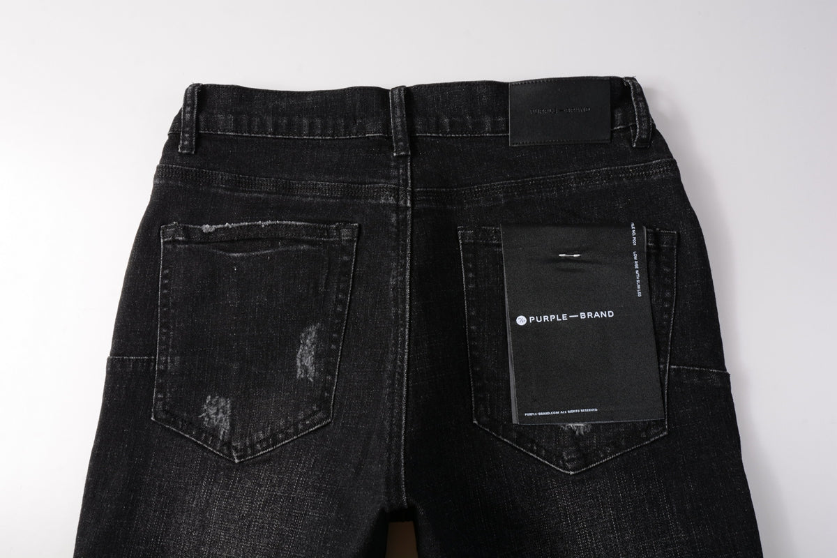 Men Streetwear Denim Shorts Black Wash with Distressed Rips and Raw Hem 5083