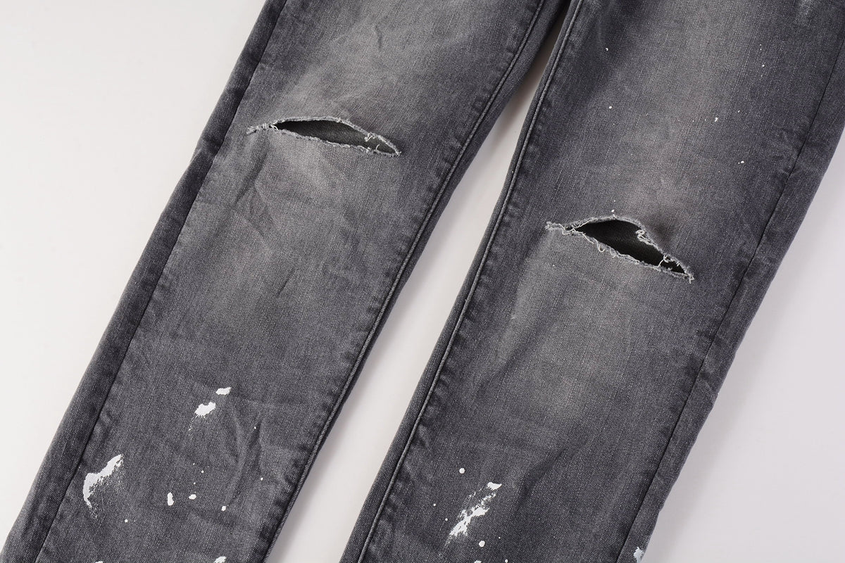 Men Streetwear Skinny Jeans Dark Gray Wash with Knee Rips and White Paint Splatter 9039