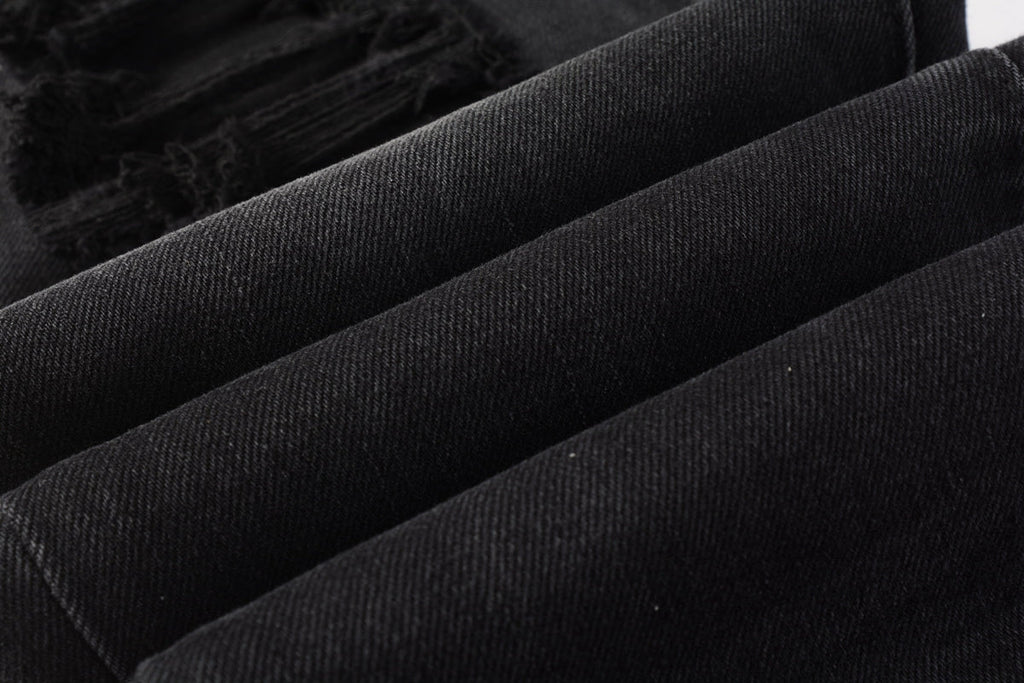 Men Streetwear Skinny Jeans Black Wash with Knee Ripped Details 9029