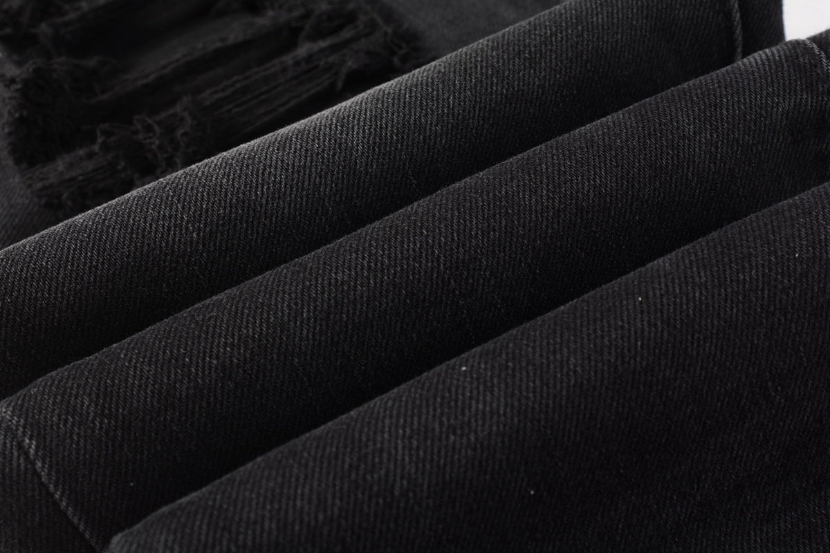 Men Streetwear Skinny Jeans Black Wash with Knee Ripped Details 9029
