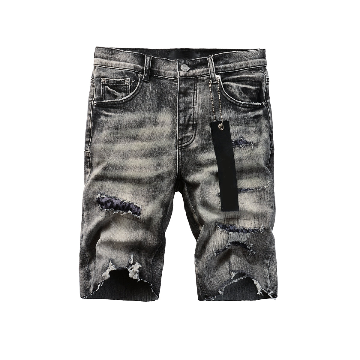 Men Streetwear Denim Shorts Grey Black Wash with Leopard Print Ripped Details and Raw Hem 5068