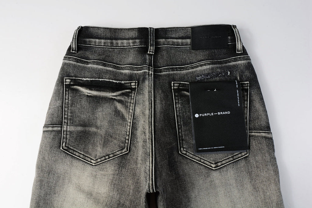 Men Streetwear Denim Shorts Grey Black Wash with Leopard Print Ripped Details and Raw Hem 5068
