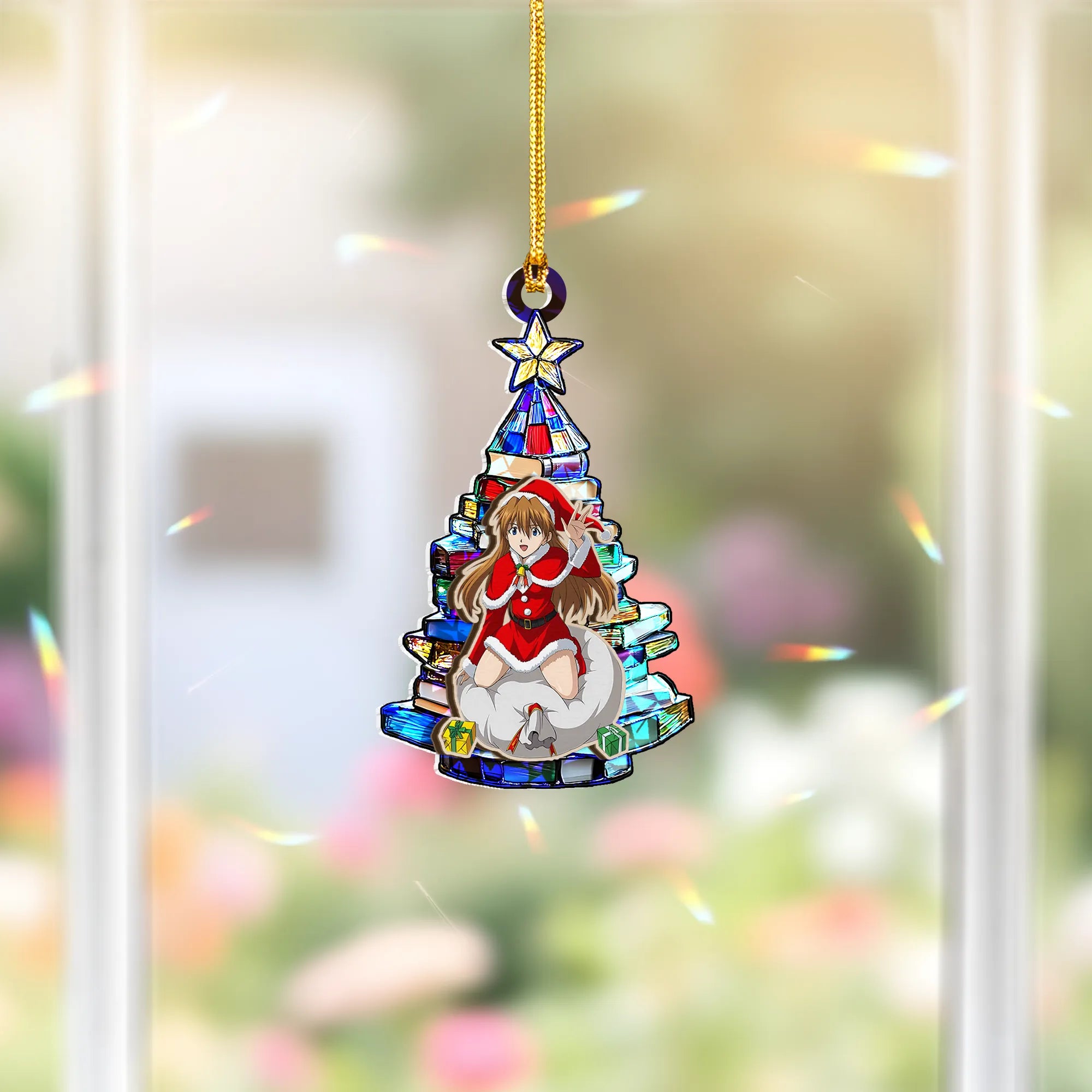 Asuka Langley Soryu Neon Genesis Evangelion Wood Shattered Glass Hologram Ornament - 5 in