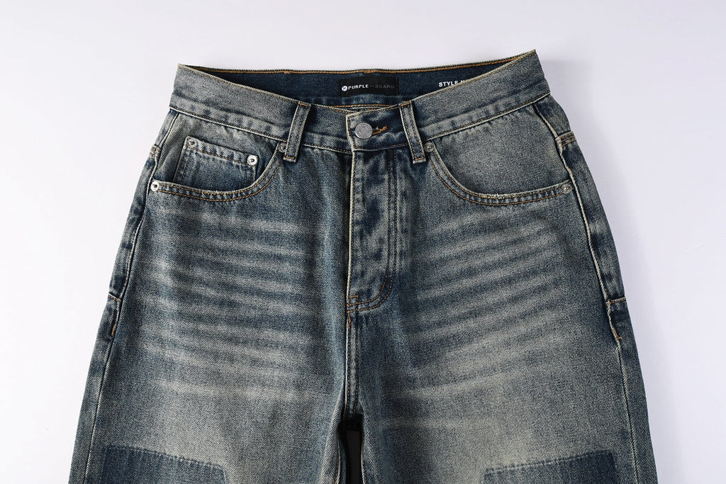 Men Vintage Streetwear Straight Jeans Blue Washed with Whisker Fade and Contrast Panels PU9120