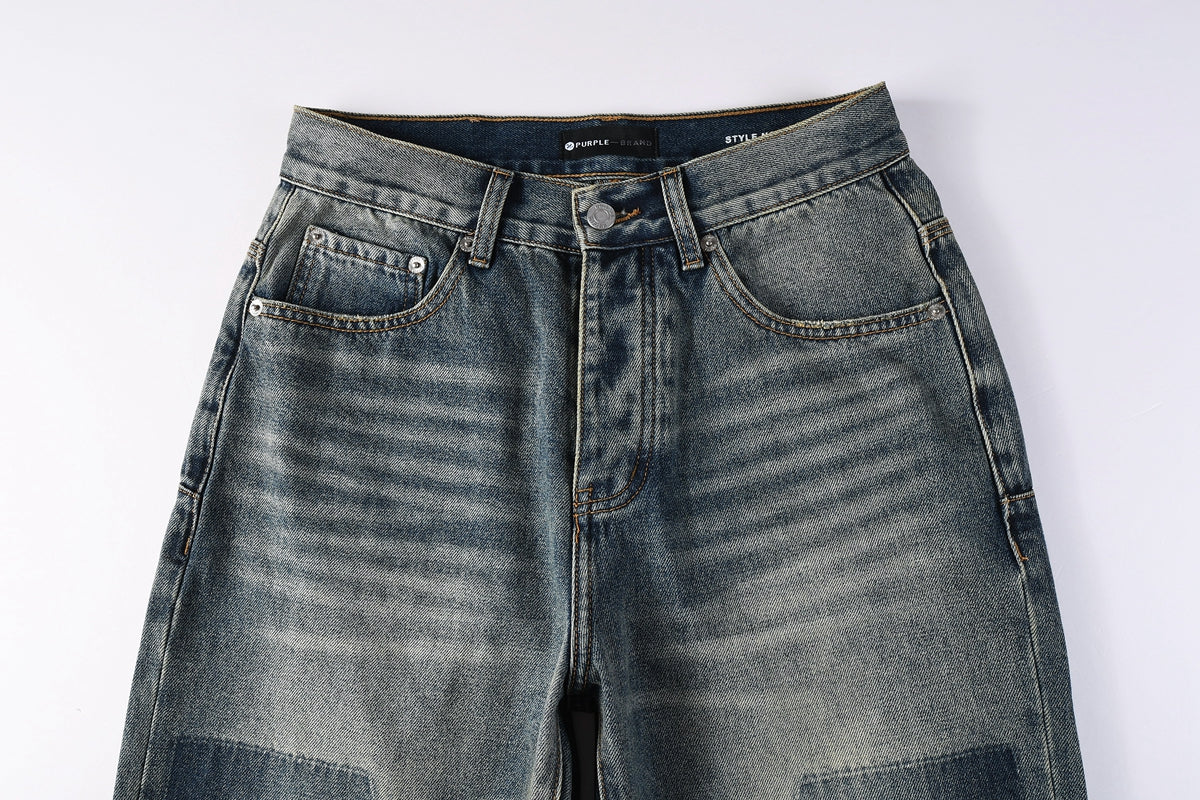 Men Vintage Streetwear Straight Jeans Blue Washed with Whisker Fade and Contrast Panels PU9120