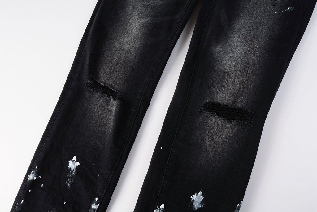Men Streetwear Skinny Jeans Black Fade Wash with White Paint Splatter and Distressed Rips 9002