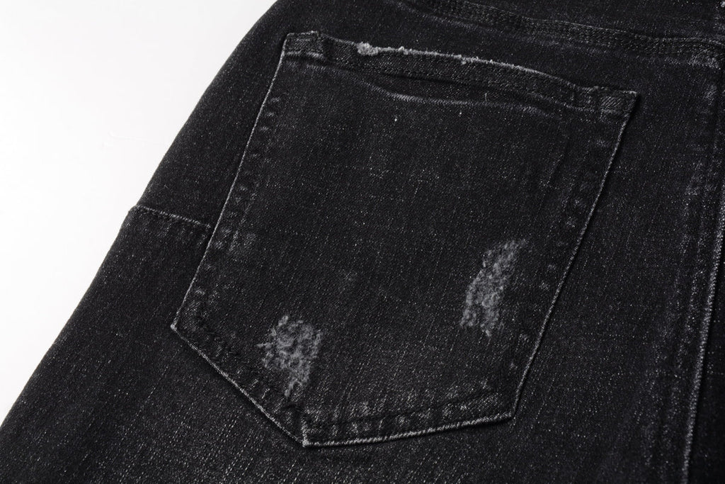 Men Streetwear Denim Shorts Black Wash with Distressed Rips and Raw Hem 5083