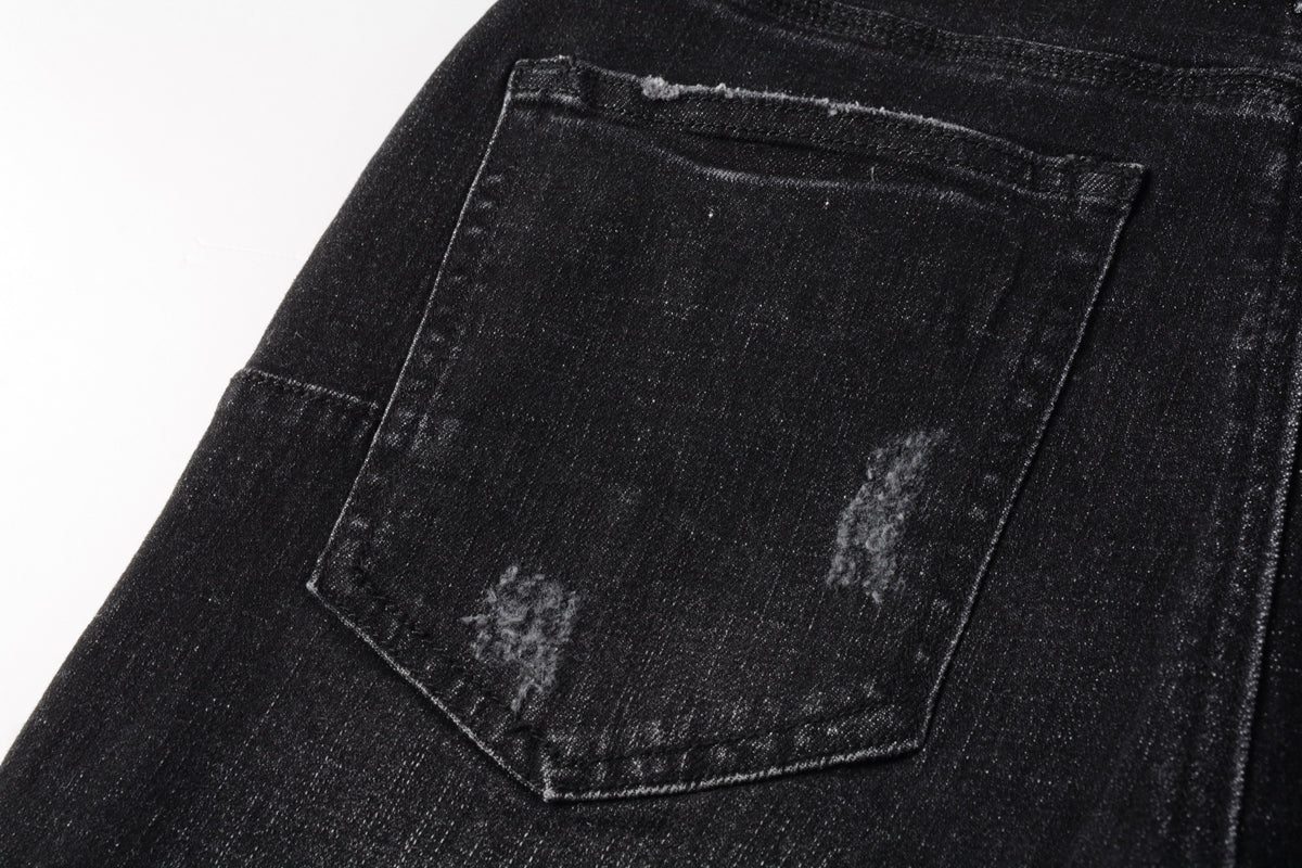 Men Streetwear Denim Shorts Black Wash with Distressed Rips and Raw Hem 5083
