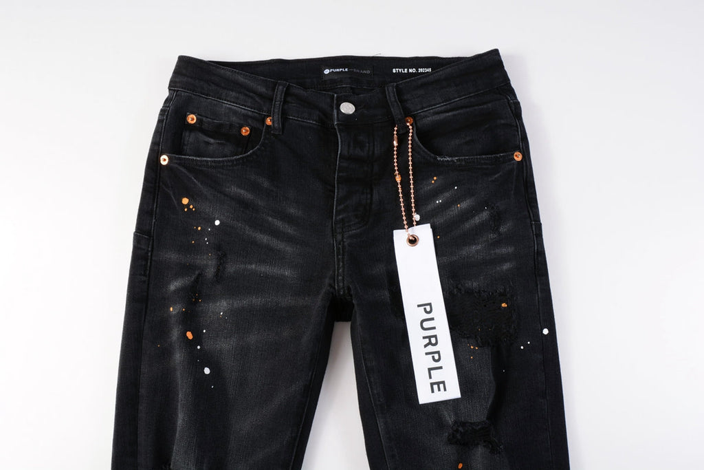 Mens Jeans - Distressed Black Denim with Knee Slit and Ripped Hole 9045