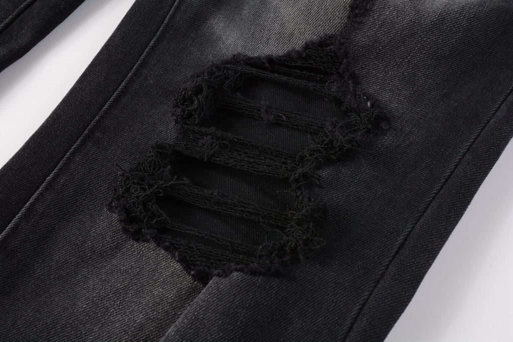 Men Streetwear Skinny Jeans Black Wash with Knee Ripped Details 9029