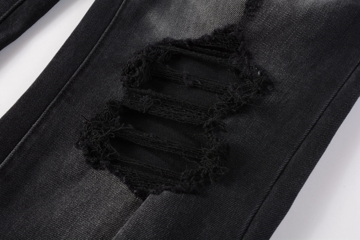 Men Streetwear Skinny Jeans Black Wash with Knee Ripped Details 9029