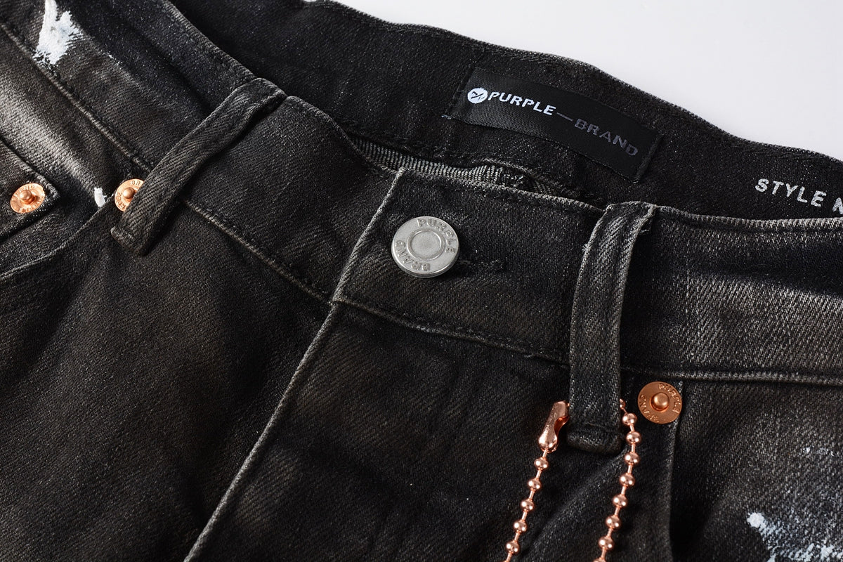 Men Streetwear Skinny Jeans Dark Gray Wash with White Paint Splatter and Distressed Rips 9030