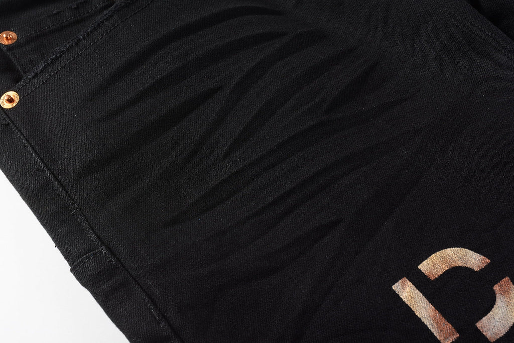 Men Streetwear Skinny Jeans Black Wash with All-Over Metallic Gold "P" Print 9008