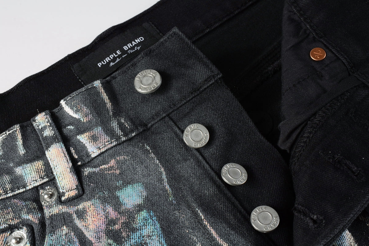 Men Streetwear Denim Shorts Black Wash with Holographic Reflective Finish and Raw Hem 5028