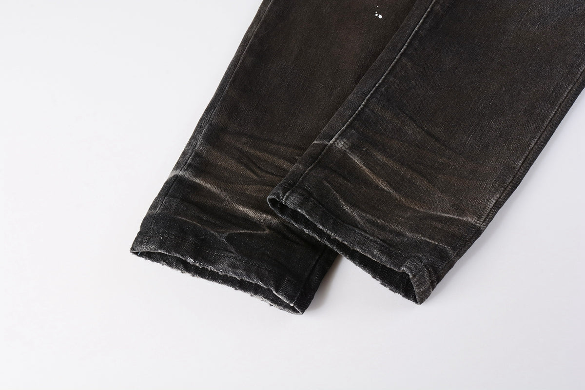 Men Streetwear Skinny Jeans Dark Gray Wash with White Paint Splatter and Distressed Rips 9030
