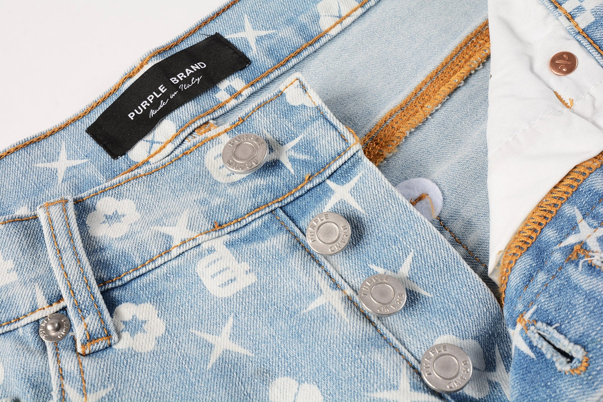 Men Streetwear Denim Shorts Light Blue Wash with White Geometric Print and Raw Hem 5089