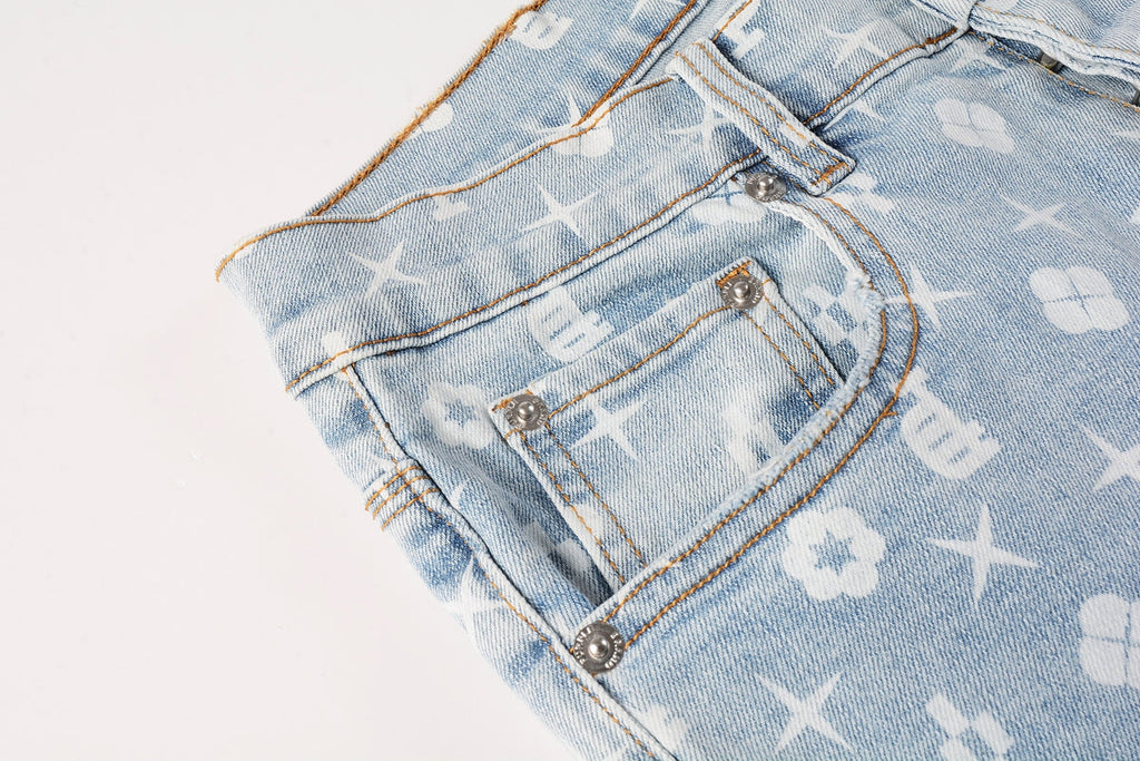 Men Streetwear Skinny Jeans Light Blue Wash with All - Over Pattern Print 9089