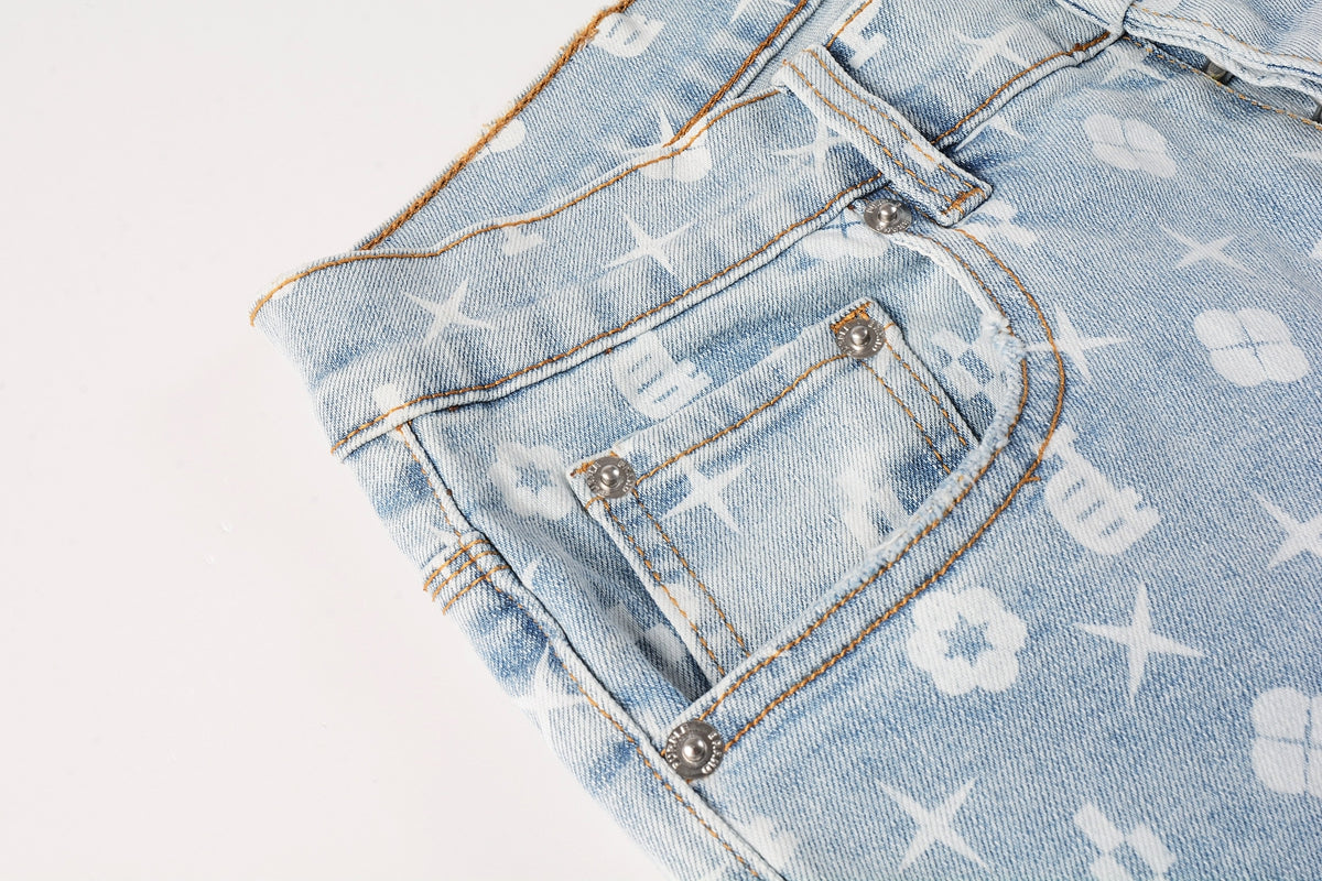 Men Streetwear Skinny Jeans Light Blue Wash with All - Over Pattern Print 9089