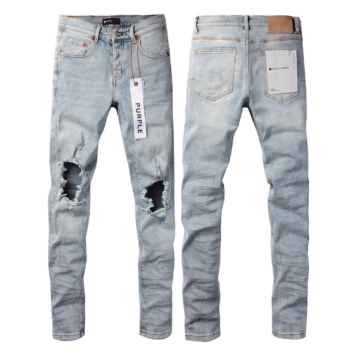 Men Streetwear Skinny Jeans Light Blue Wash with Knee Ripped Details and Black Lining 9010