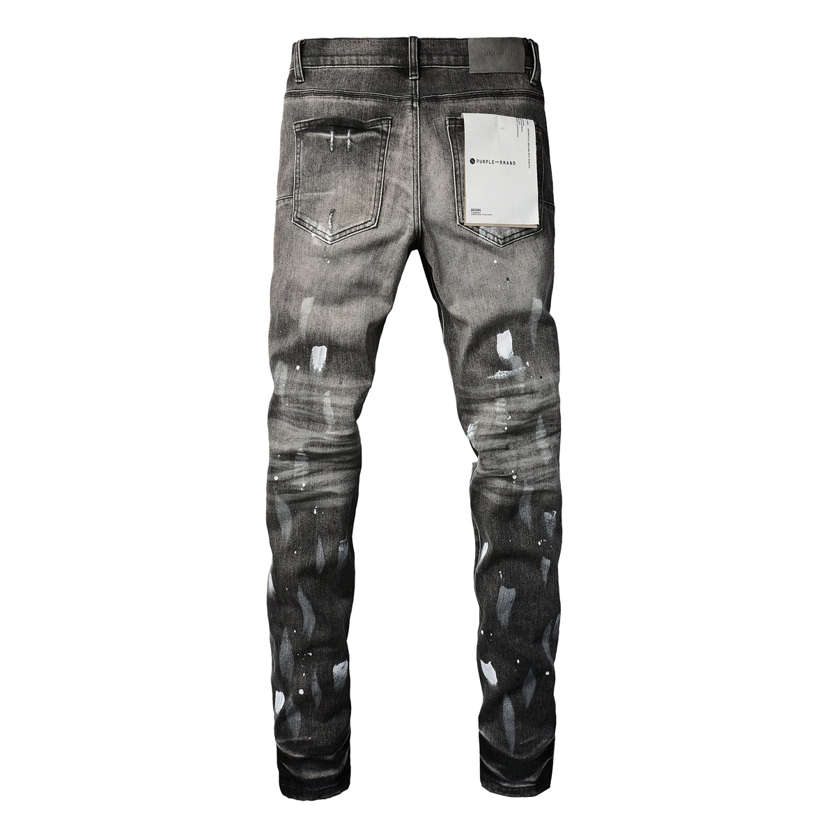 Men Streetwear Skinny Jeans Dark Gray Wash with White Paint Splatter and Distressed Rips 9032