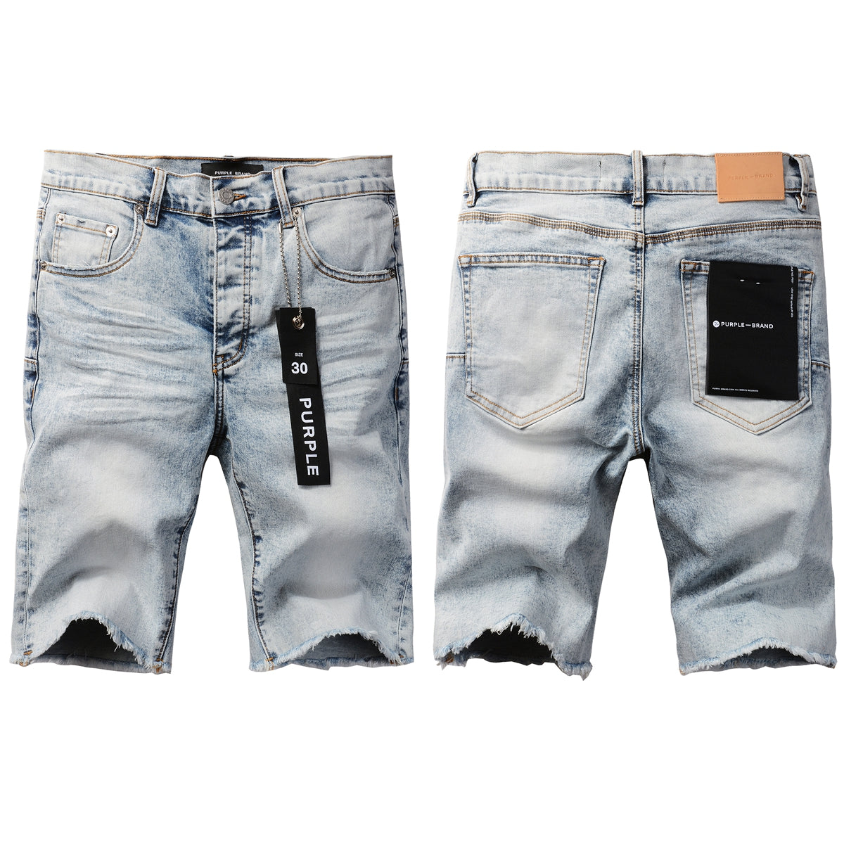 Men Streetwear Denim Shorts Light Blue Wash with Vintage Distressed Raw Hem 5053