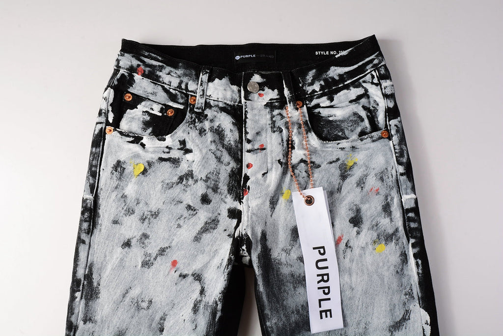 Men Streetwear Skinny Jeans Black and White Graffiti Wash with Multi - Color Paint Accents 9020