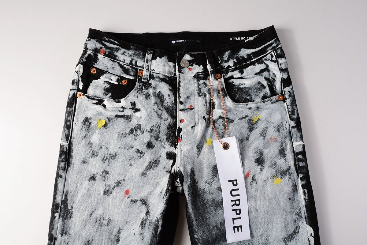 Men Streetwear Skinny Jeans Black and White Graffiti Wash with Multi - Color Paint Accents 9020