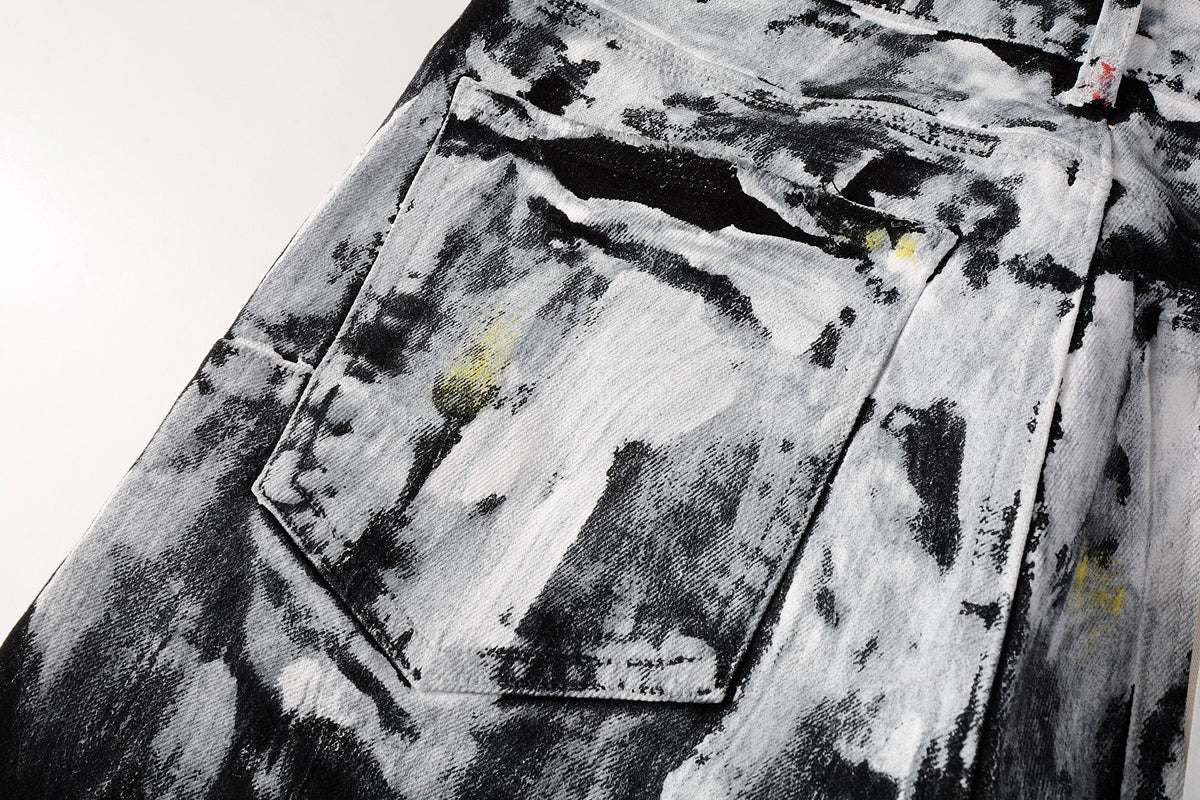 Men Streetwear Skinny Jeans Black and White Graffiti Wash with Multi - Color Paint Accents 9020