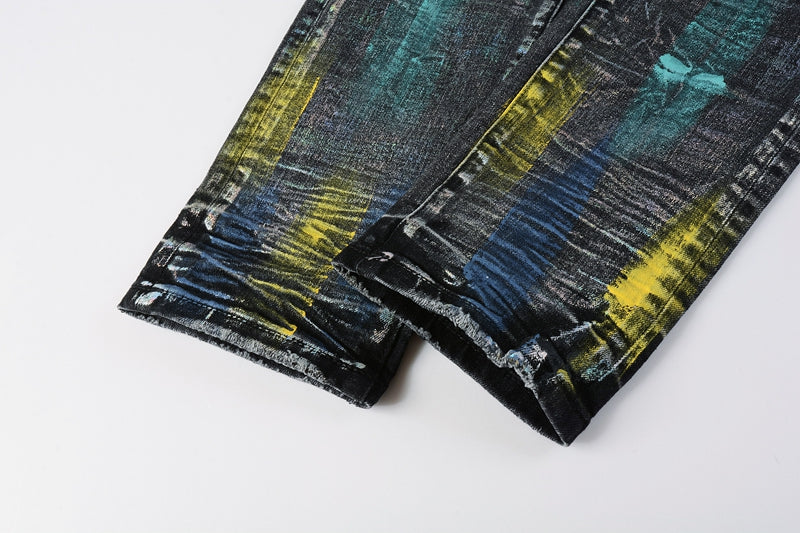 Men Streetwear Skinny Jeans Black Wash with Colorful Graffiti Paint Splash 9078