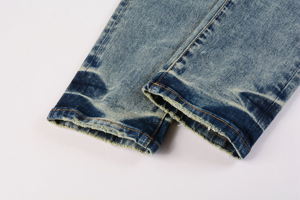 Men Streetwear Skinny Jeans Light Blue Wash with Patchwork Distressed Details 9015