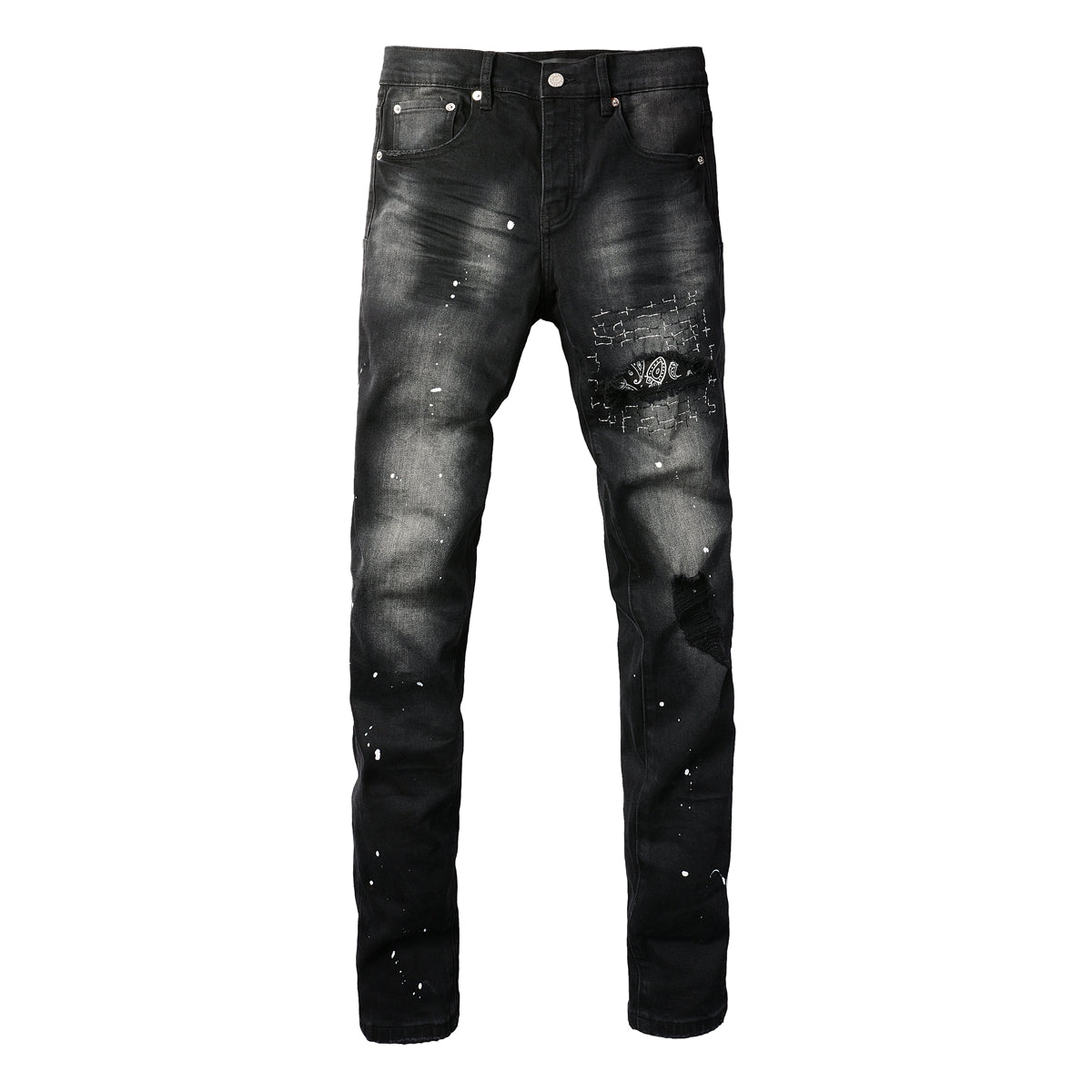 Men Streetwear Jeans Distressed Black Paint Splash Patch Ripped skinny 9099