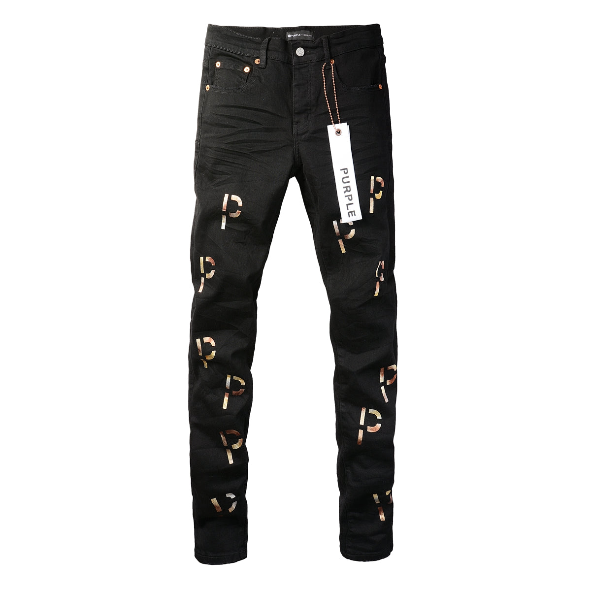 Men Streetwear Skinny Jeans Black Wash with All-Over Metallic Gold "P" Print 9008