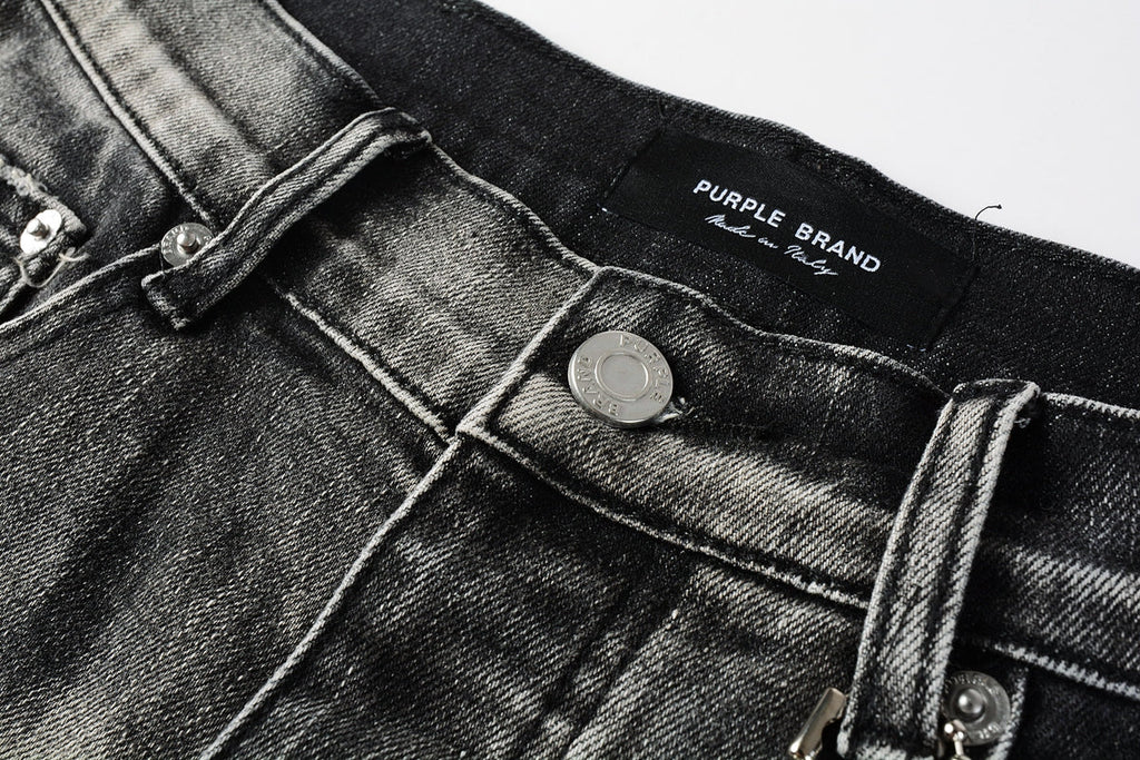 Men Streetwear Denim Shorts Grey Black Wash with Leopard Print Ripped Details and Raw Hem 5068