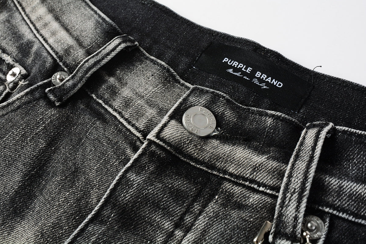 Men Streetwear Denim Shorts Grey Black Wash with Leopard Print Ripped Details and Raw Hem 5068