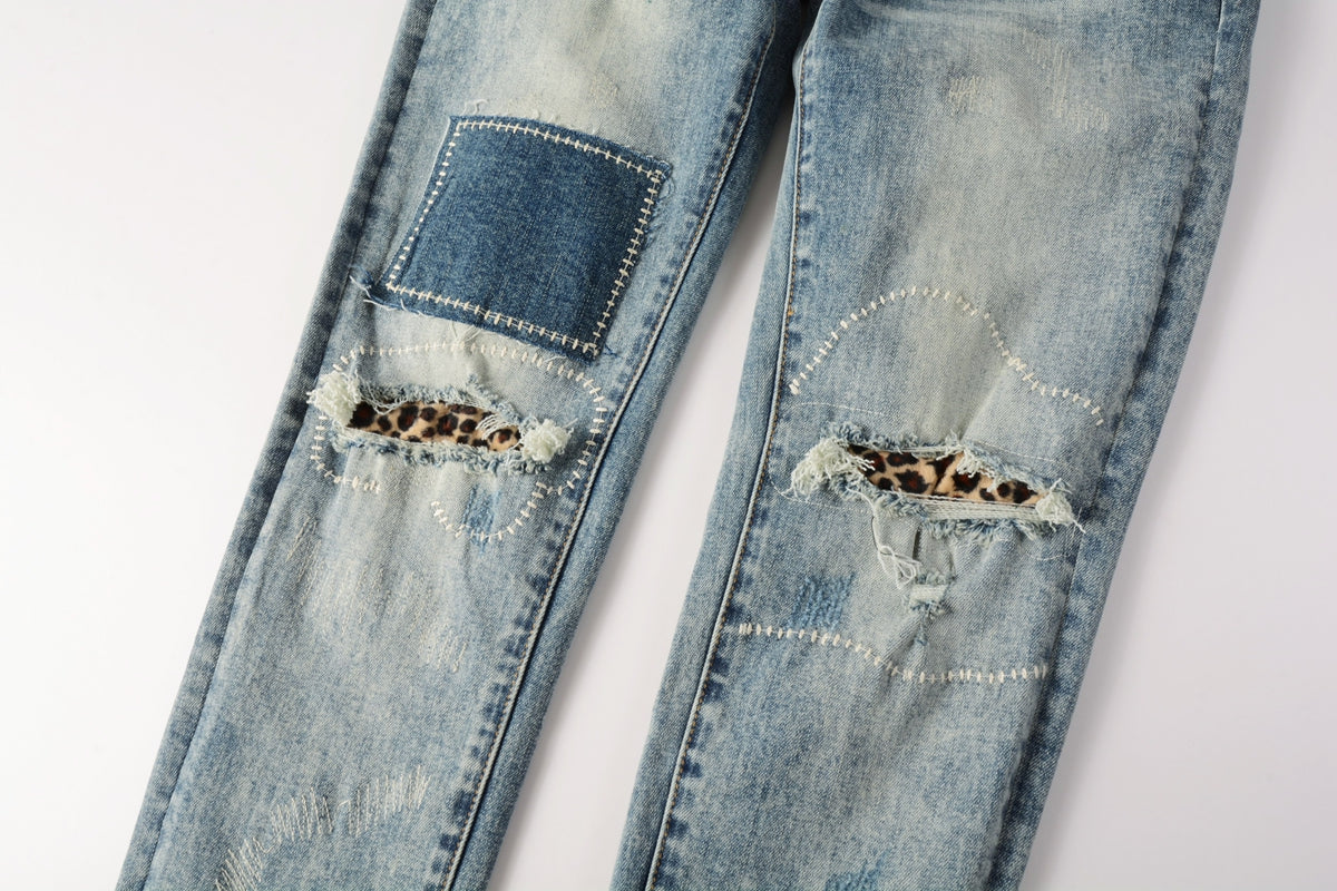 Men Streetwear Jeans Distressed Light Blue Patch Leopard Ripped skinny 9095