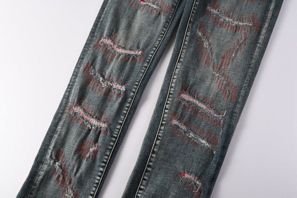 Men Streetwear Skinny Jeans Light Blue Wash with Red - Patched Distressed Details 9114
