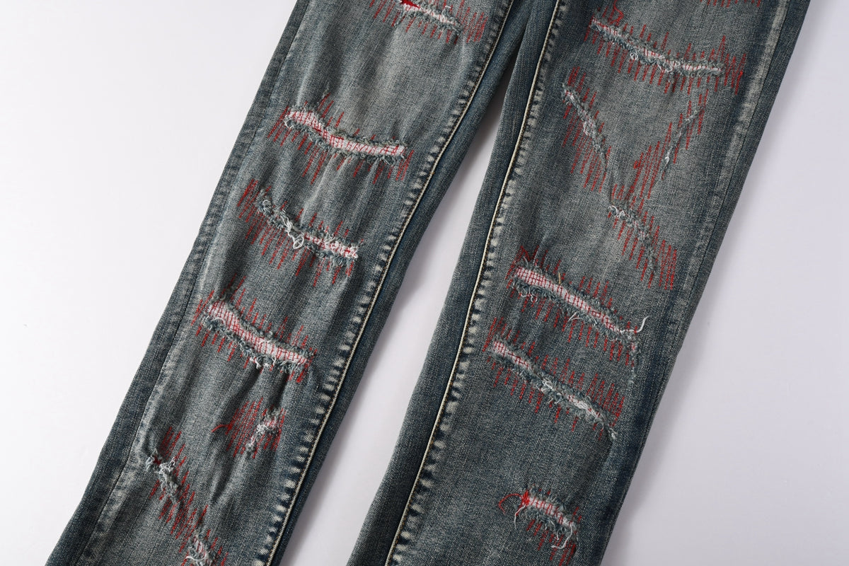 Men Streetwear Skinny Jeans Light Blue Wash with Red - Patched Distressed Details 9114