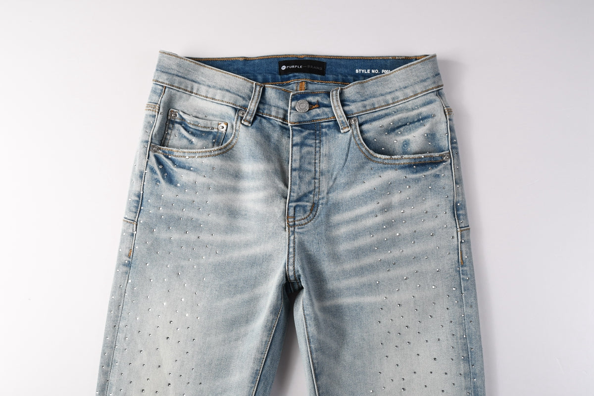 Men Streetwear Skinny Jeans Light Blue with Rhinestone Studs and Distressed Details PU9119