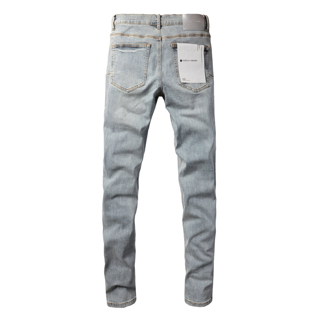 Men Streetwear Skinny Jeans Light Blue Wash with Holographic Iridescent Finish 9005