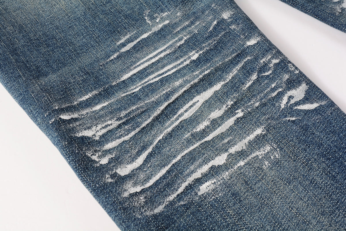 Men Streetwear Skinny Jeans Dark Blue Wash with White Brushstroke Distress 9040