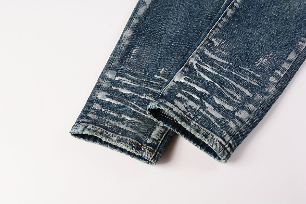 Men Streetwear Skinny Jeans Dark Blue Wash with White Brushstroke Distress 9040